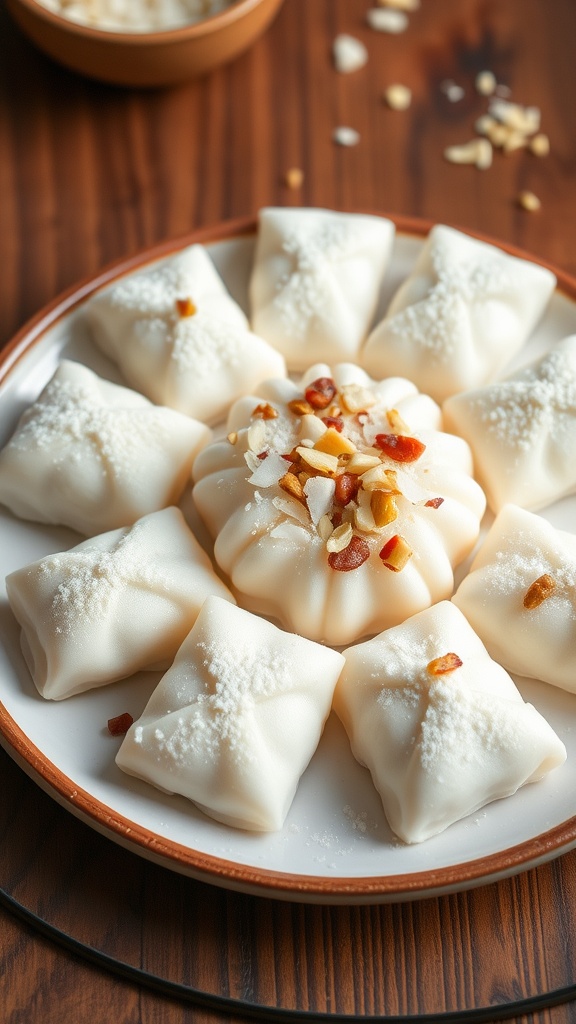 A plate of Korean rice cakes (Tteok) dusted with cornstarch and garnished, served on a rustic wooden table.